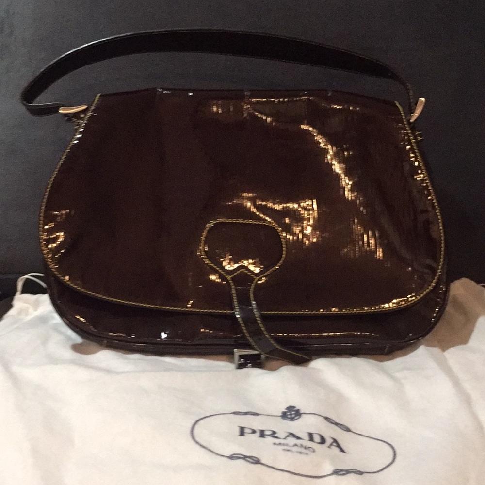 Brown with yellow stitching Prada shoulder bag